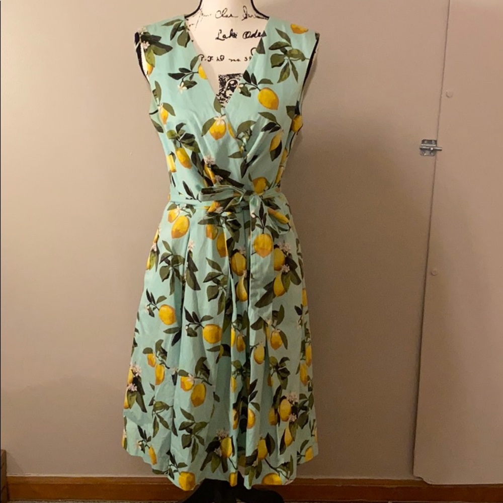 Chetta B Mint Green Lemon Print Wrap Dress
